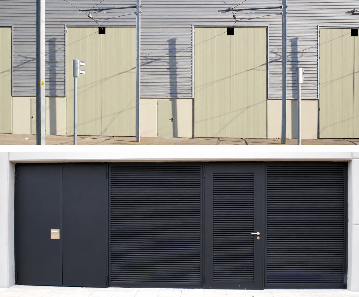 Photo composée de deux façades de bâtiments : en haut des portes beiges sur un bardage gris, en bas un grand portail et des volets roulants noirs.