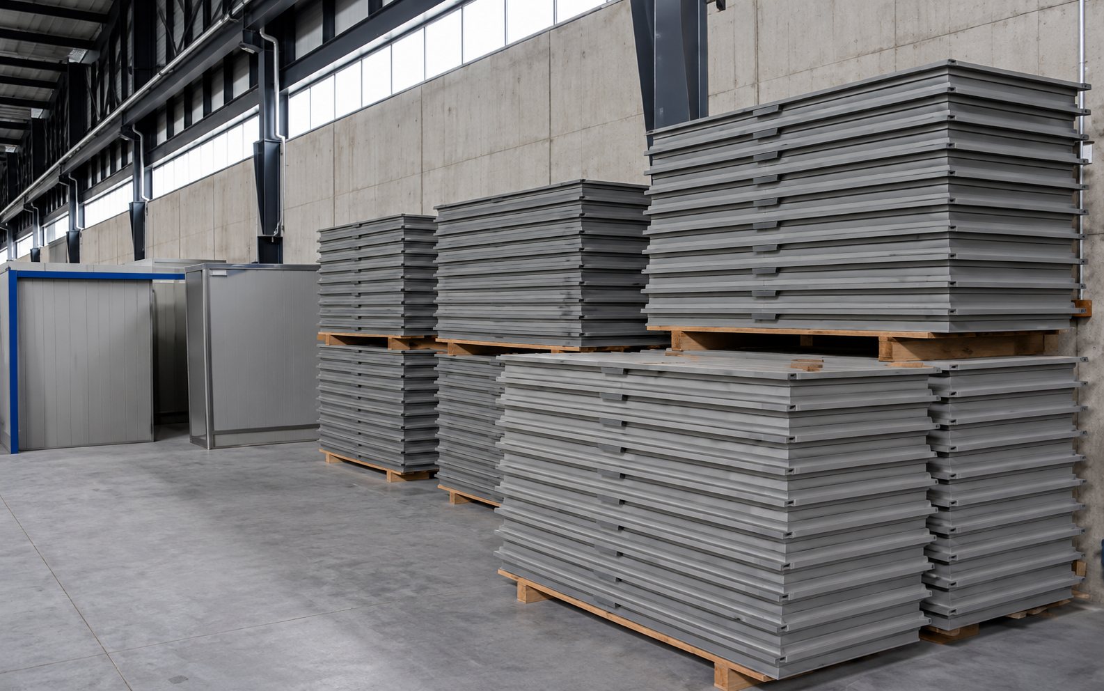 Dans un grand entrepôt, plusieurs piles de panneaux gris reposent sur des palettes en bois le long d'un mur en béton.