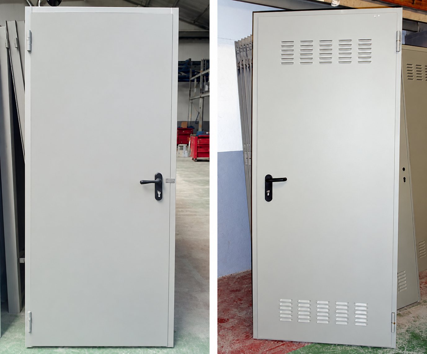 Deux photos côte à côte de portes métalliques grises dans un atelier, la première pleine avec poignée, la seconde équipée de grilles de ventilation en haut et en bas.